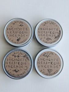 Inchoate Neri-Koh Incense. Zaatar, Malawi camphor basil, scented geranium, black sage, roses (alba, moss, damask, musk, and gallica), apricots, cardamom, wild fir balsam and red spruce boughs.