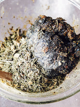 Load image into Gallery viewer, Inchoate Neri-Koh Incense. Zaatar, Malawi camphor basil, scented geranium, black sage, roses (alba, moss, damask, musk, and gallica), apricots, cardamom, wild fir balsam and red spruce boughs.