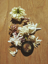 Load image into Gallery viewer, Jasmine Sambac Soliflore. Concentrated Jasminum sambac natural perfume with in house aromatic extracts. Creamy white petals. Golden nectar. Soft tea. Honey. Warm skin. Tropical fruit. June 2026